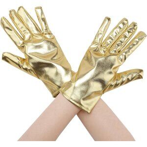 Women's Gold Shimmer Metallic Shiny Full Finger Short Gloves Party Costume